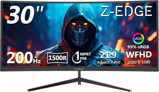 Z-Edge 30" Curved Gaming Monitor, WFHD1080P 200Hz 165Hz Monitor, MPRT 1ms, 21:9 Aspect Ratio, 1500R Curved, 16.7M Colors, 3000:1 Contrast, UG30 PIP-PBP, 2X DP 1.4 Ports and 2X HDMI 2.0 Port