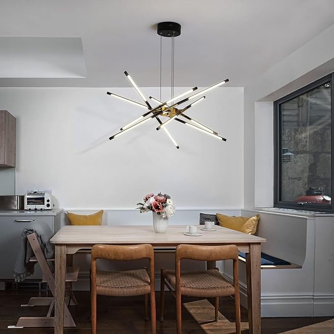 Modern Chandelier,Black and Gold Chandelier 12 Light LED Dimmable Pendant Lights,Easy to Install Ceiling Light 54W Linear Hanging for Dining Room, Kitchen,Bedroom 3000k-6000k with Remote Control