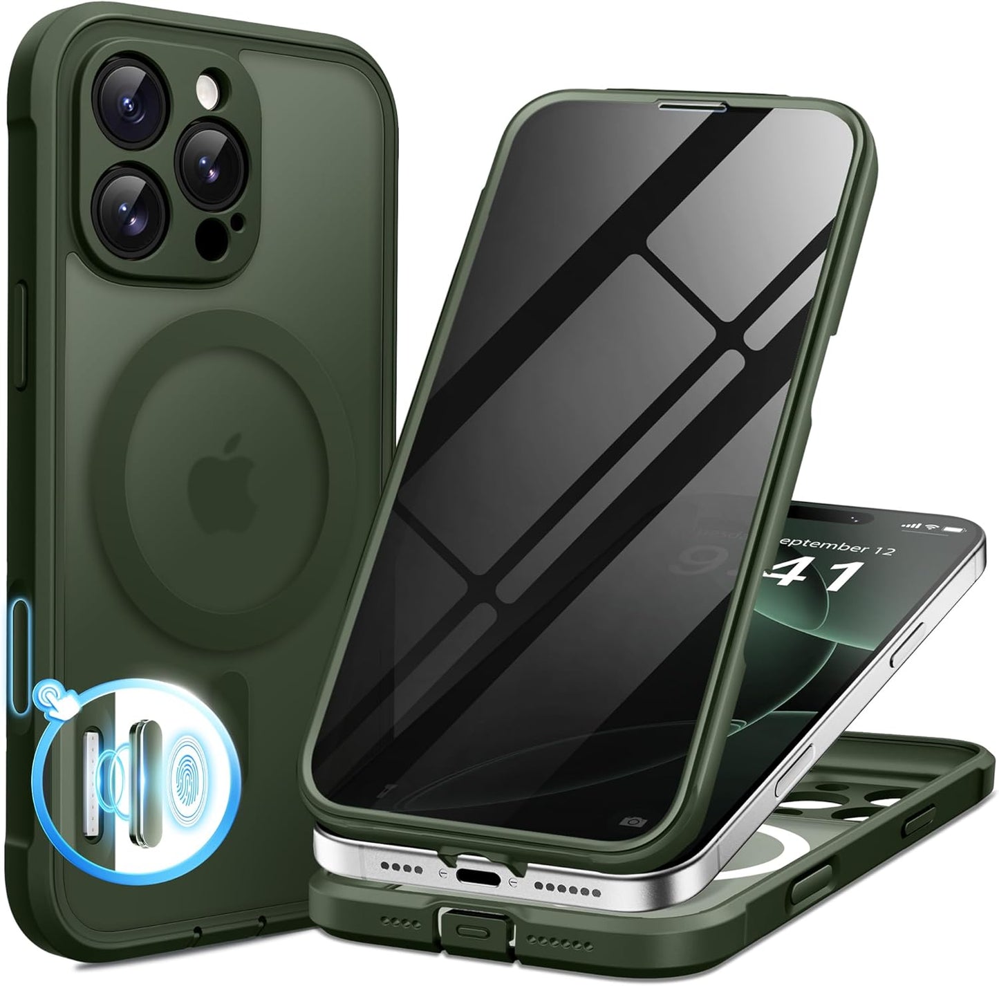 BERFY Magnetic for iPhone 16 Pro Case, Compatible with MagSafe, Built-in Privacy Screen Protector and Upgraded Camera Protection, Anti-Spy Full Body Shockproof Phone Case for 16 Pro 6.3", Green