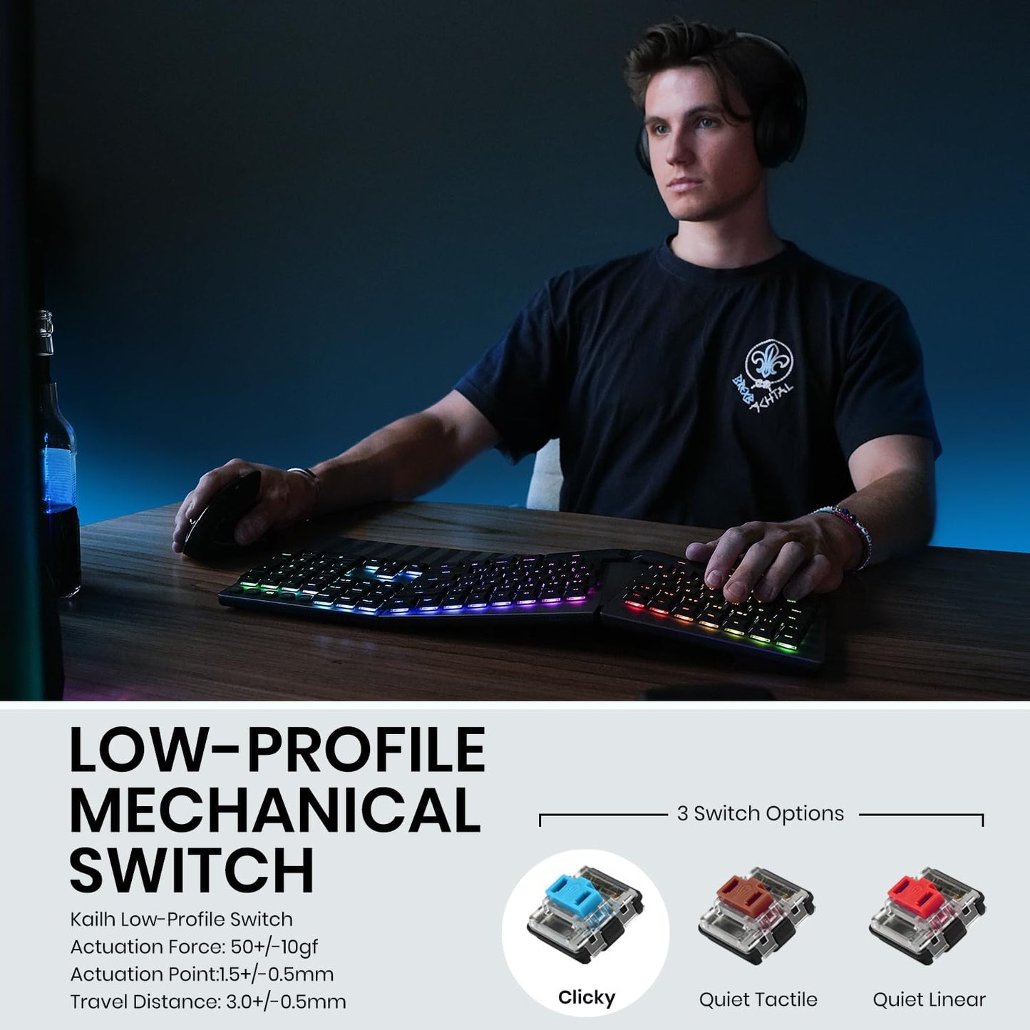 Perixx PERIBOARD-835RD Wireless Ergonomic Mechanical Keyboard - RGB Backlit - Low-Profile Red Linear Switches - Multi-Device Connection - Compatible with Windows and Mac OS X - US English