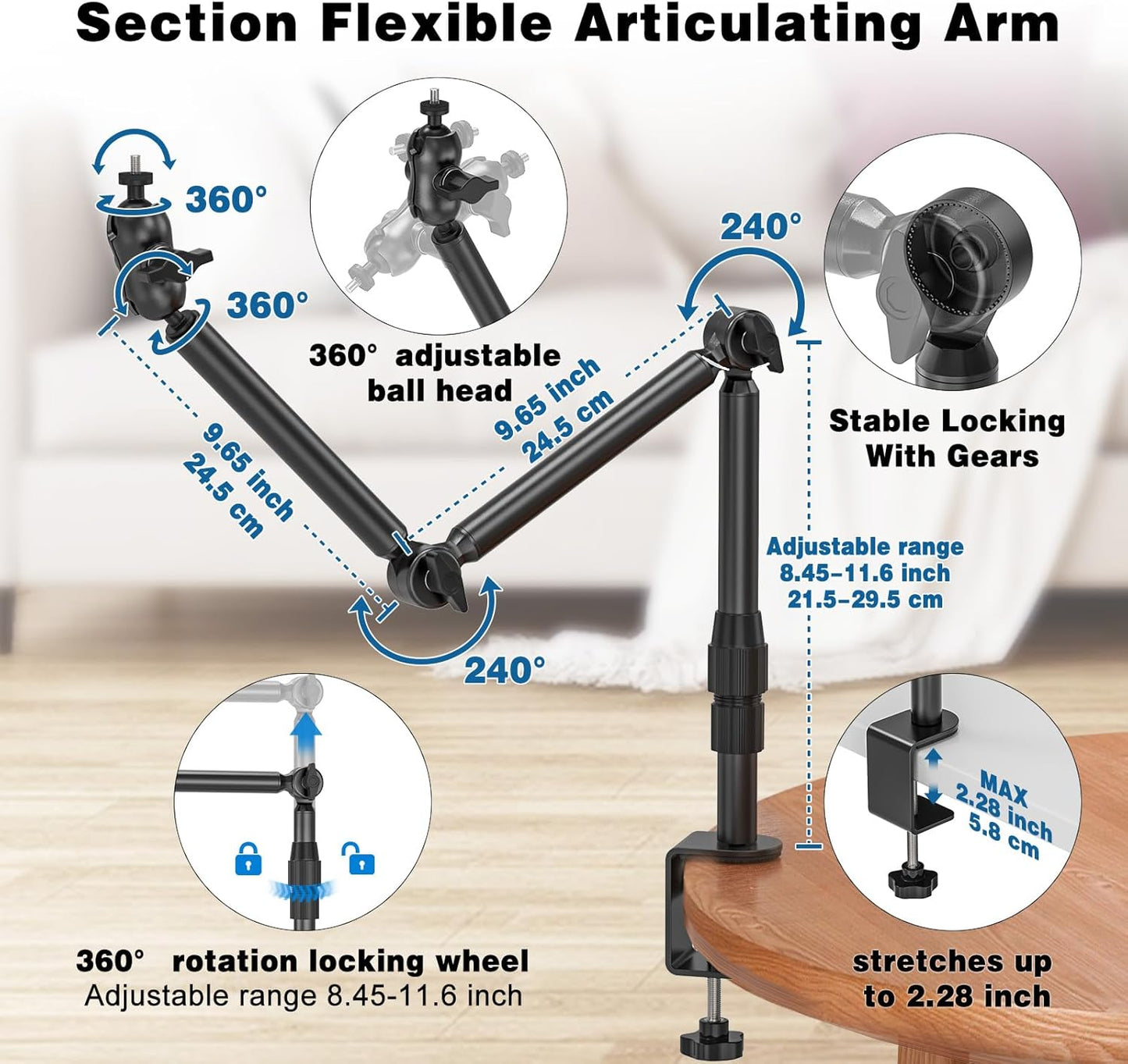 Overhead Camera Mount for Desk, 30.9" Foldable Camera Desk Mount Stand with 1/4" Screws, 360° Rotation 3-Sections Tabletop Holder with C-Clamp for DSLR, Digicam, Webcam, Mini Projector, Microphone