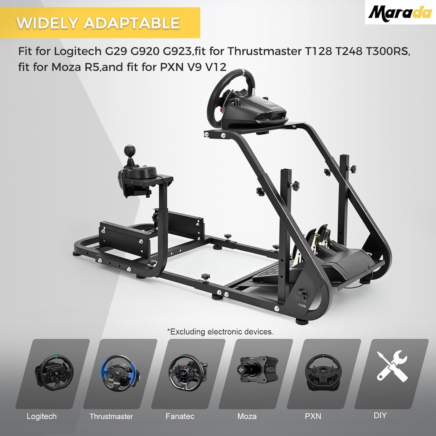 Marada Reinforced Stabilizing Racing Steering Wheel Cockpit Compatible with Fanatec, PXN, Thrustmaster, Logitech Device Adjustable Driving Simulator TV Stand Wheel & Pedal & Handbrake Not Included