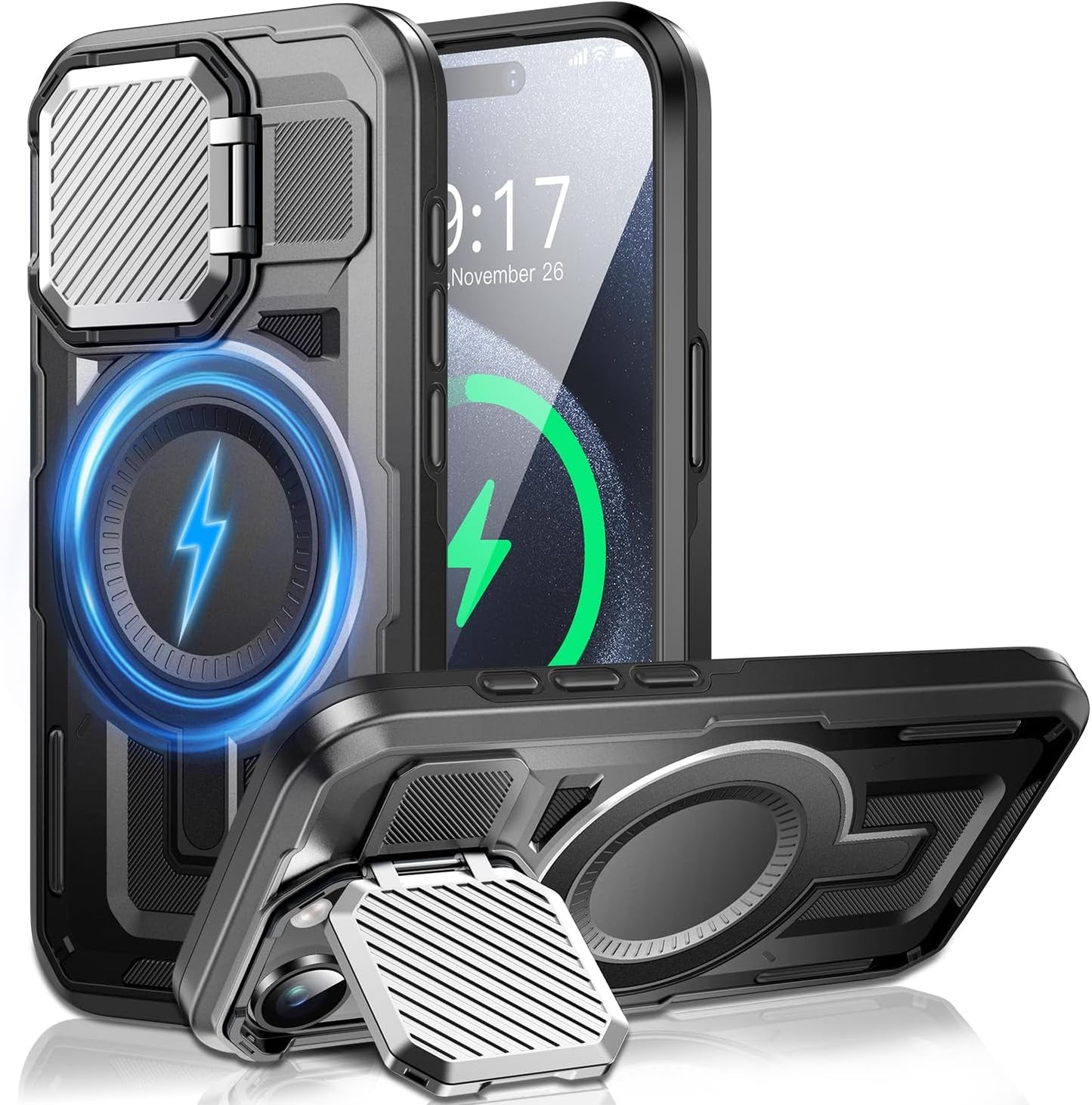 Camera Stand Case for iPhone 15 Pro Max, [Compatible with MagSafe] [Lens Cover] 2024 Version Military Grade Protective Soft Case for iPhone 15 Pro Max 6.7 inch Men Women, Black