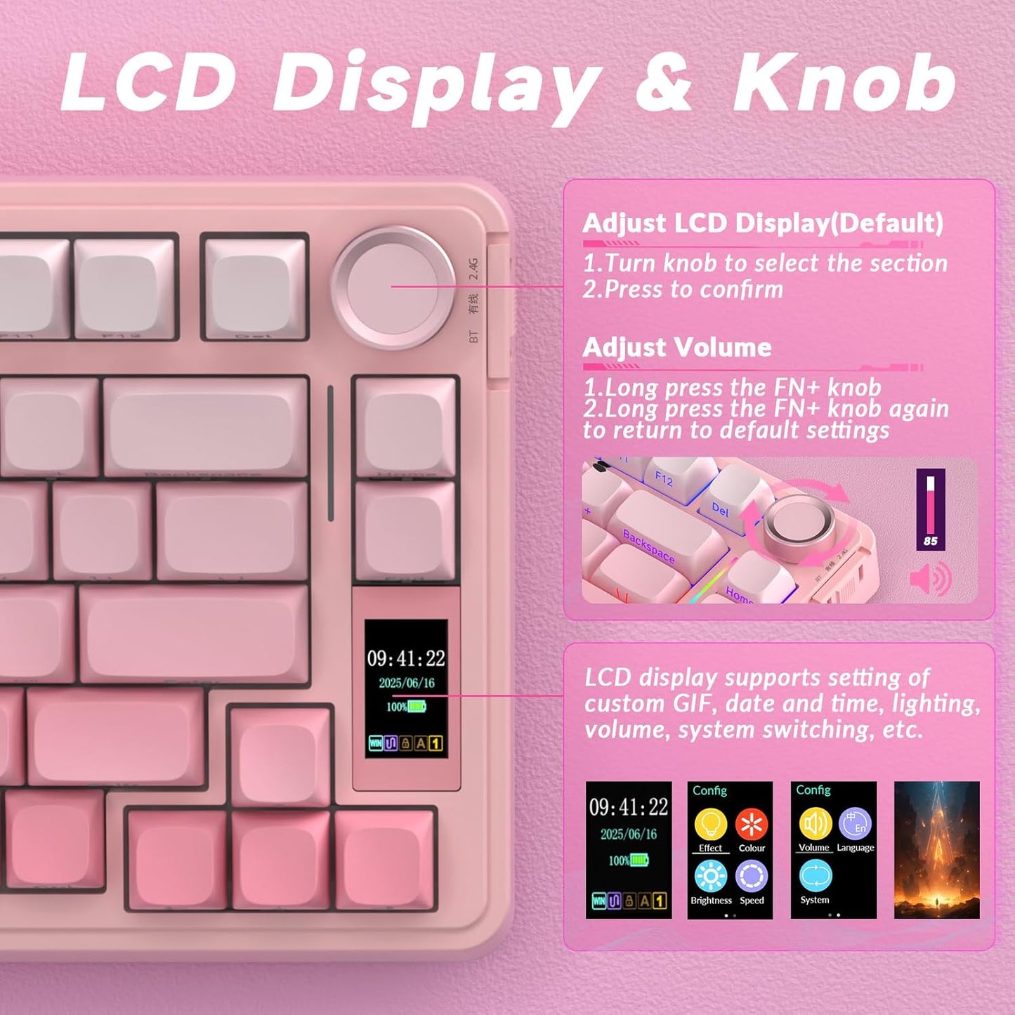AULA S75 PRO Wireless Mechanical Keyboard with Screen&Knob, Tri-Mode Hot Swappable Gaming Keyboard 75%, Pre-lubed Switches, RGB Backlit, Side Printed PBT Keycaps, Creamy Sounding Pink Keyboards