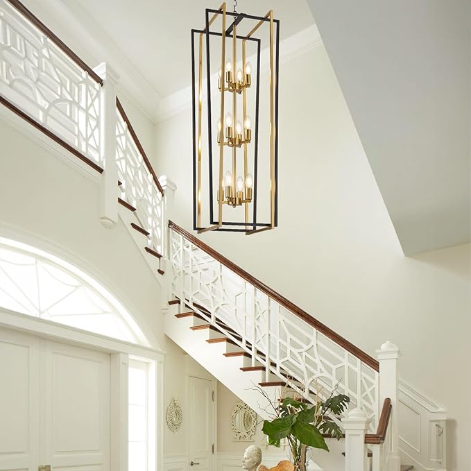 WJShome Stylish 12-Light Tiered Lantern Pendant Light Fixtures - Majestic Large Foyer Chandeliers for High Ceilings, Black & Gold Long Chandeliers Perfect for Your Farmhouse Entryway!