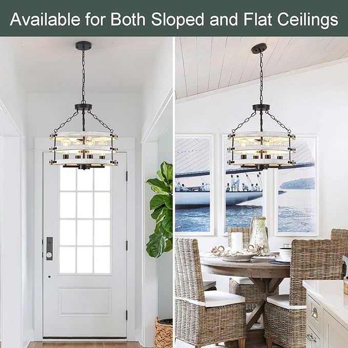 Luupyia Rustic Farmhouse Chandelier, 18.89 Inches White Drum Farmhouse Foyer Chandeliers Island Light, Rustic Vintage Pendant Light Fixture for Dining Room Entryway 4Lights E26
