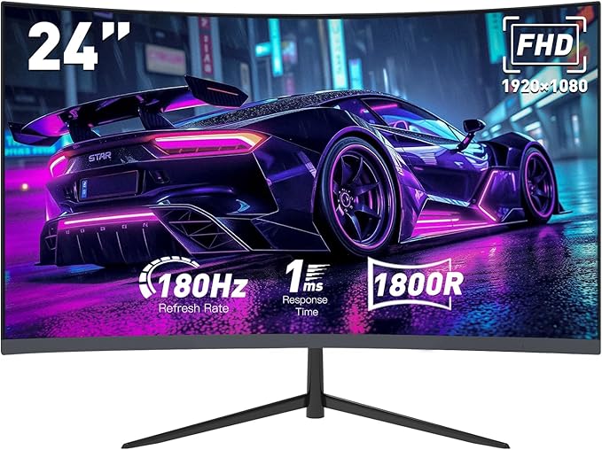 24-inch Curved Gaming Monitor, FHD 180Hz 1ms Computer Monitor, 1800R, AMD FreeSync & G-Sync Compatible, HDMI DP VESA Built-in Speakers