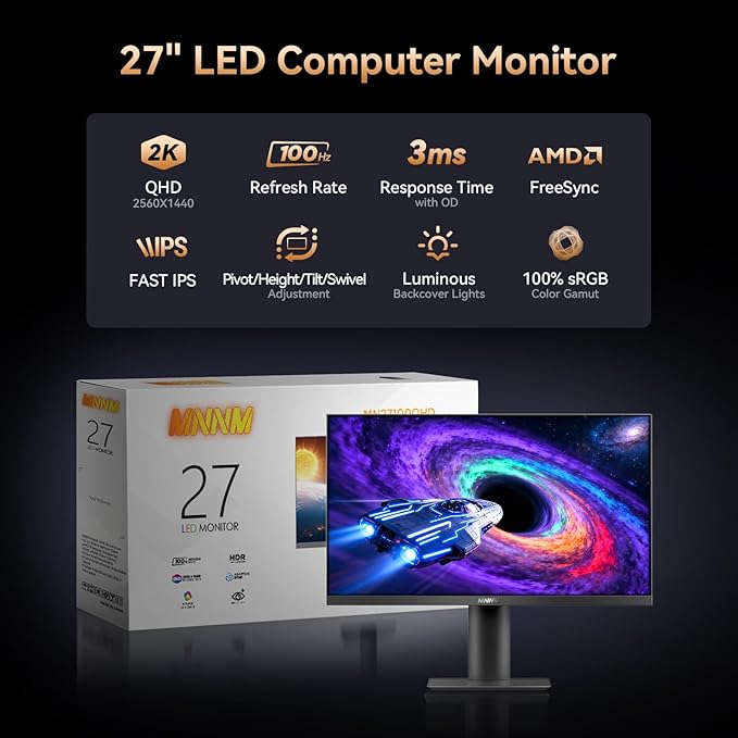 27 Inch Computer Monitor - Fast IPS 2K QHD 2560 x 1440p Desktop Monitor 100Hz 16:9 Display HDMI 2.0 & DP1.4 FreeSync 100% sRGB TÜV Eye Care PC Gaming Screen Support Vesa Height/Tilt/Swivel/Pivot