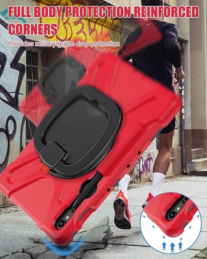 BRAECN Case for Samsung Galaxy Tab S10 Lite/S10 FE 2025 & S9 FE/S9/S8/S7 10.9/11 Inch | Heavy Duty Protective Silicone Cover with Kickstand, Shoulder Strap & S Pen Holder Support S Pen Charging, Red