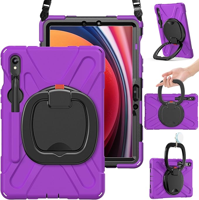 BRAECN Rugged Case for Samsung Galaxy Tab S10 Lite/S10 FE 2025 & S9 FE/S9/S8/S7 10.9/11 Inch | Shockproof Protective Silicone Cover with Rotating Stand, Kickstand, Shoulder Strap & Pen Holder, Purple