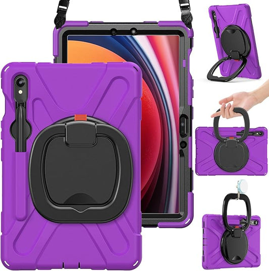 BRAECN Rugged Case for Samsung Galaxy Tab S10 Lite/S10 FE 2025 & S9 FE/S9/S8/S7 10.9/11 Inch | Shockproof Protective Silicone Cover with Rotating Stand, Kickstand, Shoulder Strap & Pen Holder, Purple