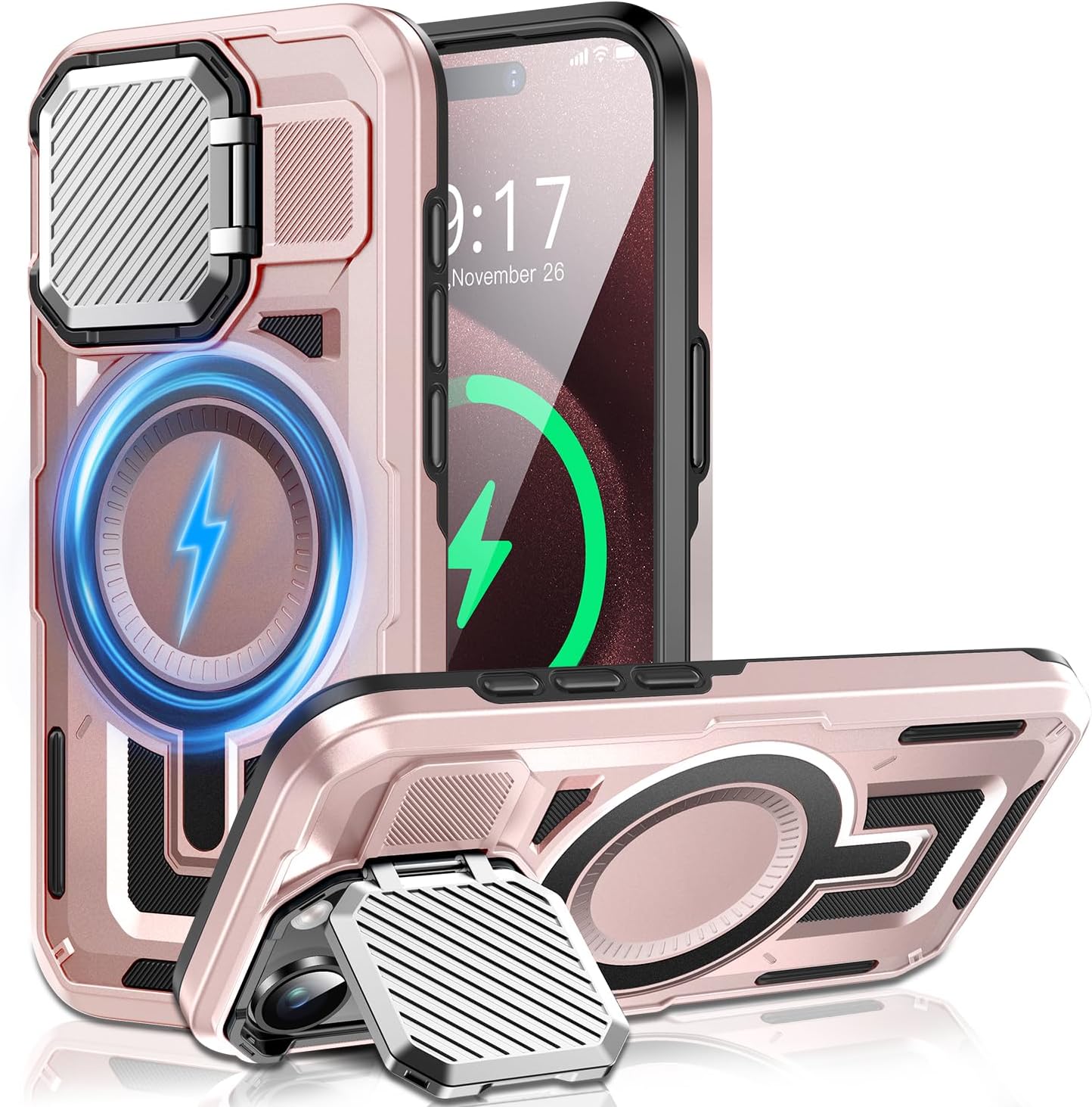 Camera Stand Case for iPhone 15 Pro Max, [Compatible with Mag Safe] [Lens Cover] 2024 Version Military Grade Protective Soft Case for iPhone 15 Pro Max 6.7 inch Men Women, Pink