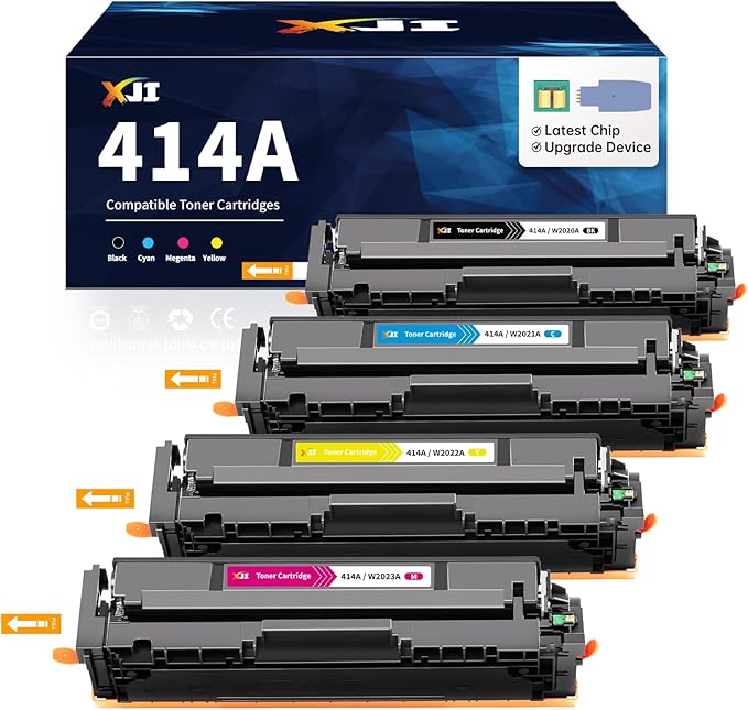 XJI 414A (with Chip) Compatible Toner Cartridges Replacement for HP 414 A X W2020A W2021A W2022A 414X Ink 4 Pack, for Color Laser Jet Pro MFP M479fdw M479fdn M479 M454dw M454dn M455dn Printer