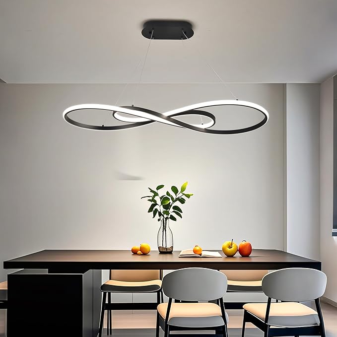 Modern Led Pendant Light, Dimmable Black LED Chandelier for Dining Room Light Fixture Over Table Modern Kitchen Island Lighting, Height Adjustable Ceiling Light