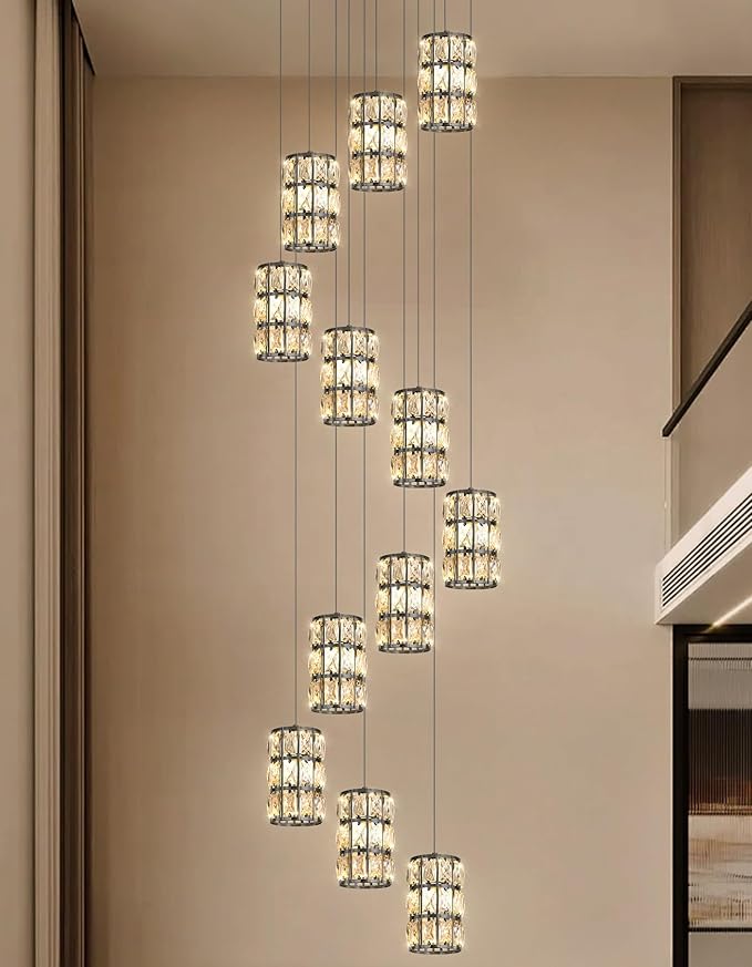 12-Lights Modern Crystal LED Dimmable for Staircase Foyer High Ceiling Chandeliers Hallway Black