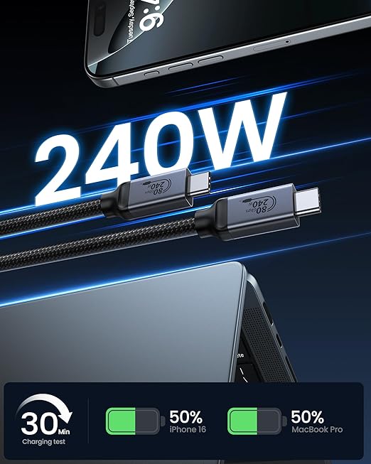 Silkland 80Gbps USB 4 for Thunderbolt 5 Cable 1FT, 240W PD 3.1 Charging, up to 120Gbps Bandwidth for Dual 8K, Braided USB C Data Cable Compatible Thunderbolt 4/5, SSD, MacBook M4 Pro, iPhone17/16,Dock