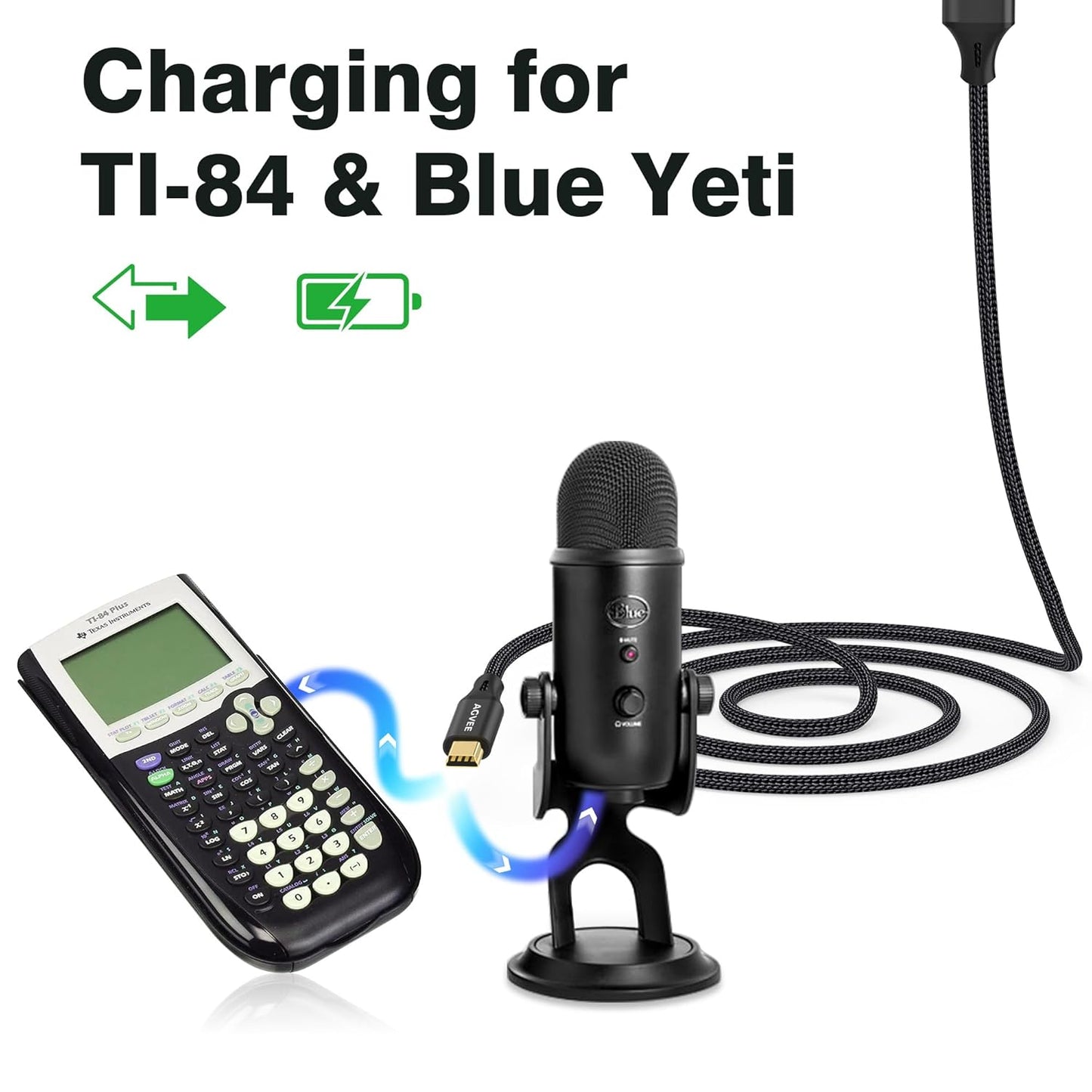 AGVEE 2 Pack 1ft Mini USB Cable, Braided Durable USB-A to Mini-B Charger Charging Cord for TI-84, Garmin GPS, Go-Pro Hero 4 3 2 HD, PS3 Controller, Canon Camera, Blue Yeti Microphone, Black
