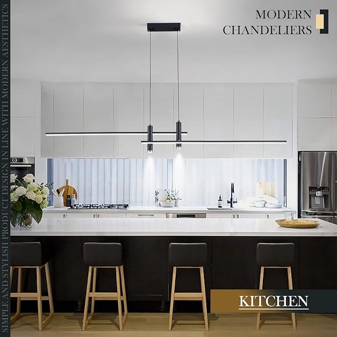 Modern LED Chandelier47.3 Black Kitchen Island Pendant Light Fixtures Linear Pendant Lighting with Remote Dining Rooms Living Room Dimmable 3000K-6000K
