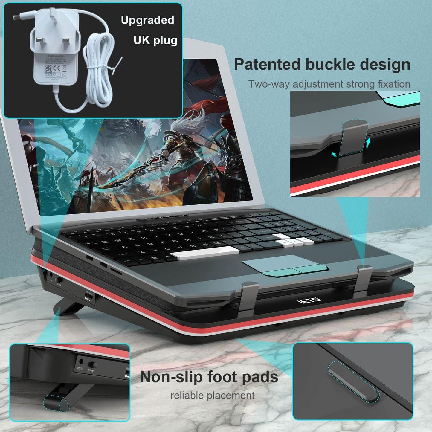 GT500 Powerful Turbo-Fan (4200 RPM) Laptop Cooling Pad with Infinitely Variable Speed,Seal Foam for Rapid Cooling Gaming Laptop,Dust Filter for Protect Laptop,13-17.3inch Laptop Cooler