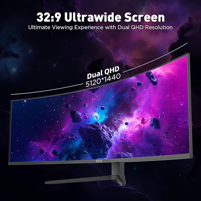 ZZA 49 Inch Ultrawide Curved Gaming Monitor, 120Hz, DQHD 5120x1440P, 1500R, Ultra-Wide 32:9 Screen, 1ms MPRT, HDR, FreeSync G-Sync Compatible, VESA Compatible, Height/Tilt Adjustable