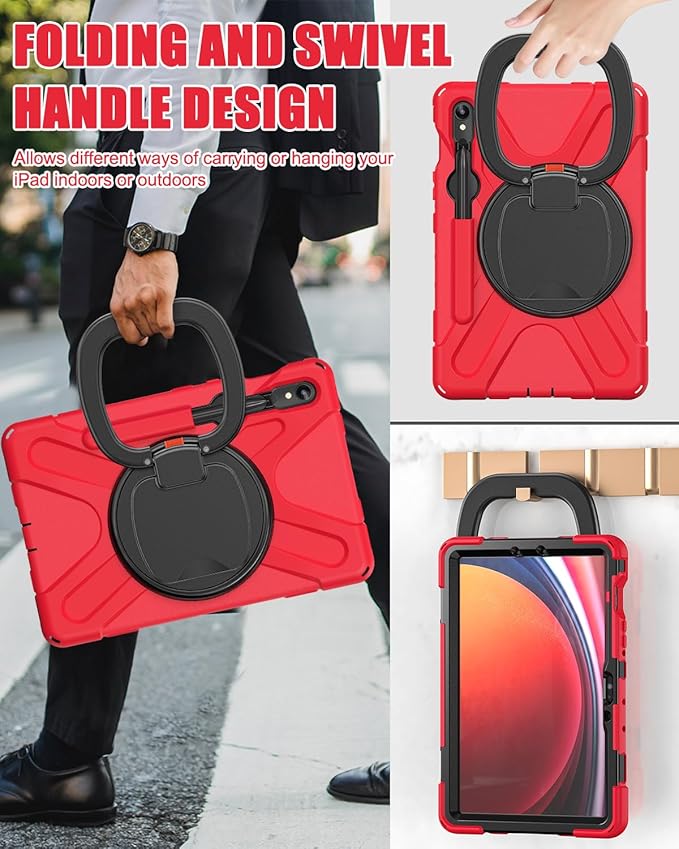 BRAECN Case for Samsung Galaxy Tab S10 Lite/S10 FE 2025 & S9 FE/S9/S8/S7 10.9/11 Inch | Heavy Duty Protective Silicone Cover with Kickstand, Shoulder Strap & S Pen Holder Support S Pen Charging, Red