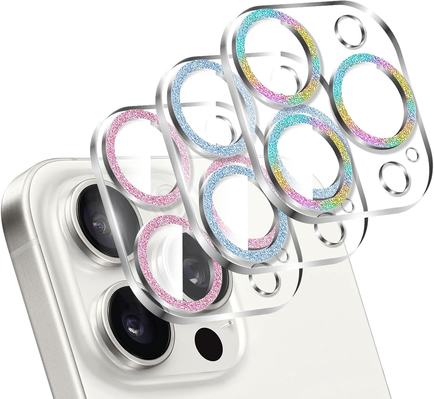 LucBuy 3PCS Sparkling Camera Lens Protector for iPhone 11 Pro/iPhone 11 Pro Max, Full Clear Acrylic Cover with Shiny Colorful Glitter Designed Decoration Back Camera Protector