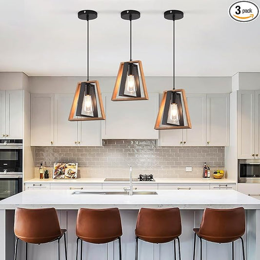 3 Pack Kitchen Island Pendant Lights, Black Industrial Metal and Vintage Wood Hanging Light, Mini Farmhouse Chandelier, Adjustable Height Rustic Ceiling Lamp for Entryway, Dining Room, Foyer