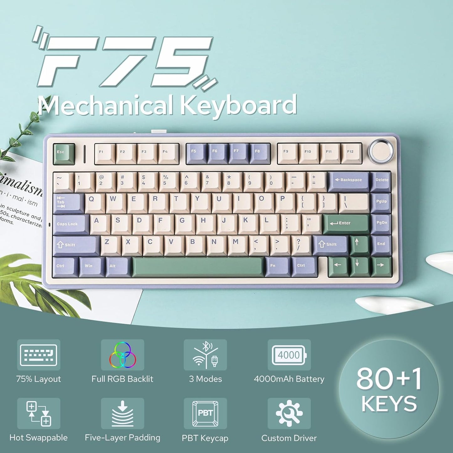 EPOMAKER x Aula F75 Gasket Mechanical Keyboard, 75% Wireless Hot Swappable Gaming Keyboard with Five-Layer Padding&Knob, Bluetooth/2.4GHz/USB-C, RGB (Green, LEOBOG Reaper Switch)