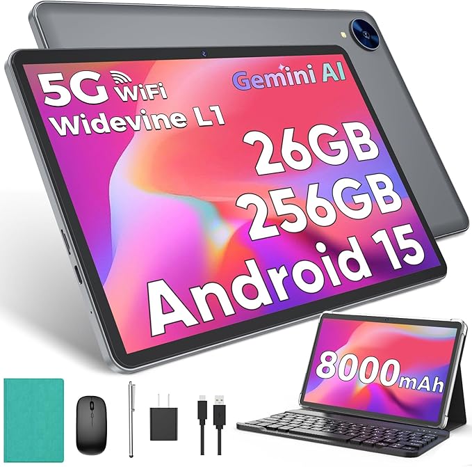 Android 15 Tablet with Keyboard, 26GB RAM, 256GB ROM(2TB Expand), 10 inch tablet with Octa-core, 8000mAh Battery, 2.4G/5G WiFi, BT 5.0, 5MP+13MP Camera, Gemini AI, Case, Mouse, Stylus (Green Case)