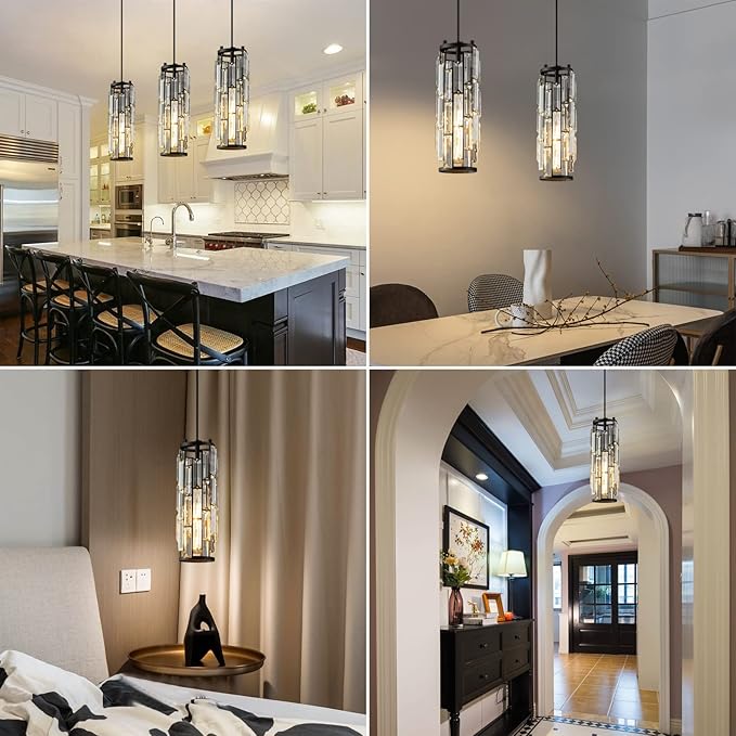 LMQNINE Pendant Lights Modern Black Pendant Light Mini Crystal Chandelier Pendant Lighting for Kitchen Island Dinning Room Bedroom Kitchen Sink Lighting (Black 3-Pack)