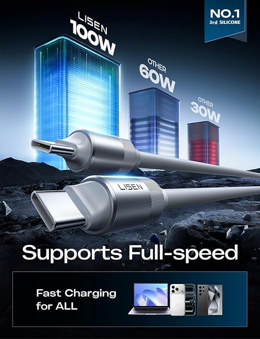 LISEN USB C Cable 10FT, Chubby 100W USB C to USB C Fast Charging Cable, Soft Silicone Long USBC to USBC for iPhone 17 Air 16 15 Pro Max, Samsung S25, MacBook Pro/Air, Switch 2, iPad