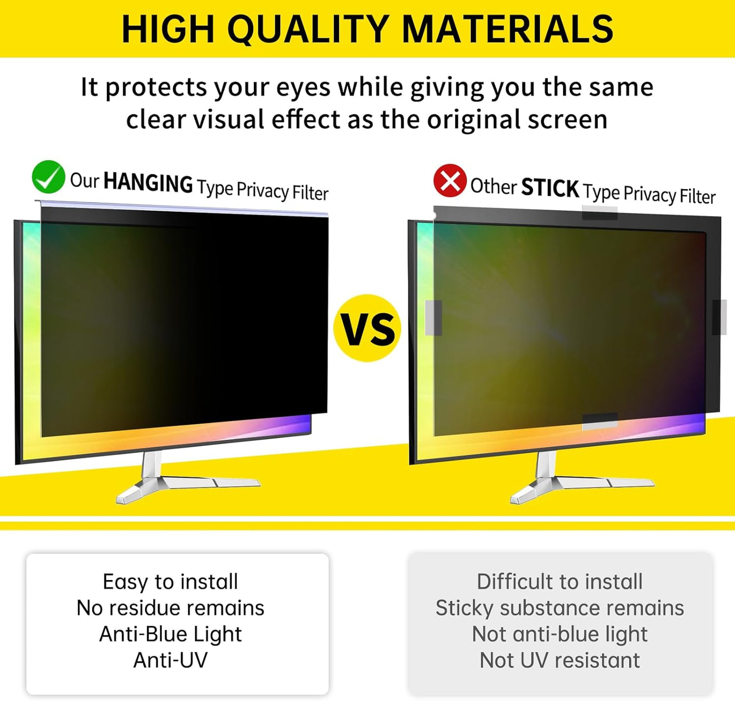 [2-Pack 27 Inch Computer Privacy Screen Filter for 16:9 Monitor, Anti-Blue Light, Anti-UV Blue Light Blocking Removable Privacy Protector Shield,Hanging Type