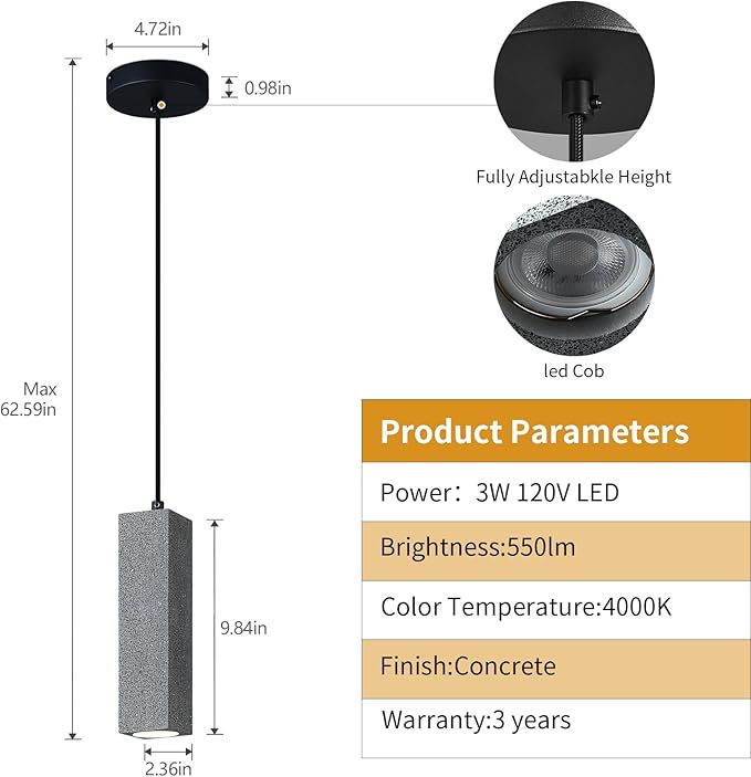 Modern Black Square LED Concrete Pendant Light Kitchen Islandceiling Light Fixture Pendant Lighting for Dining Room Coffee Club Resturant Bar Living Room(3-Pack)