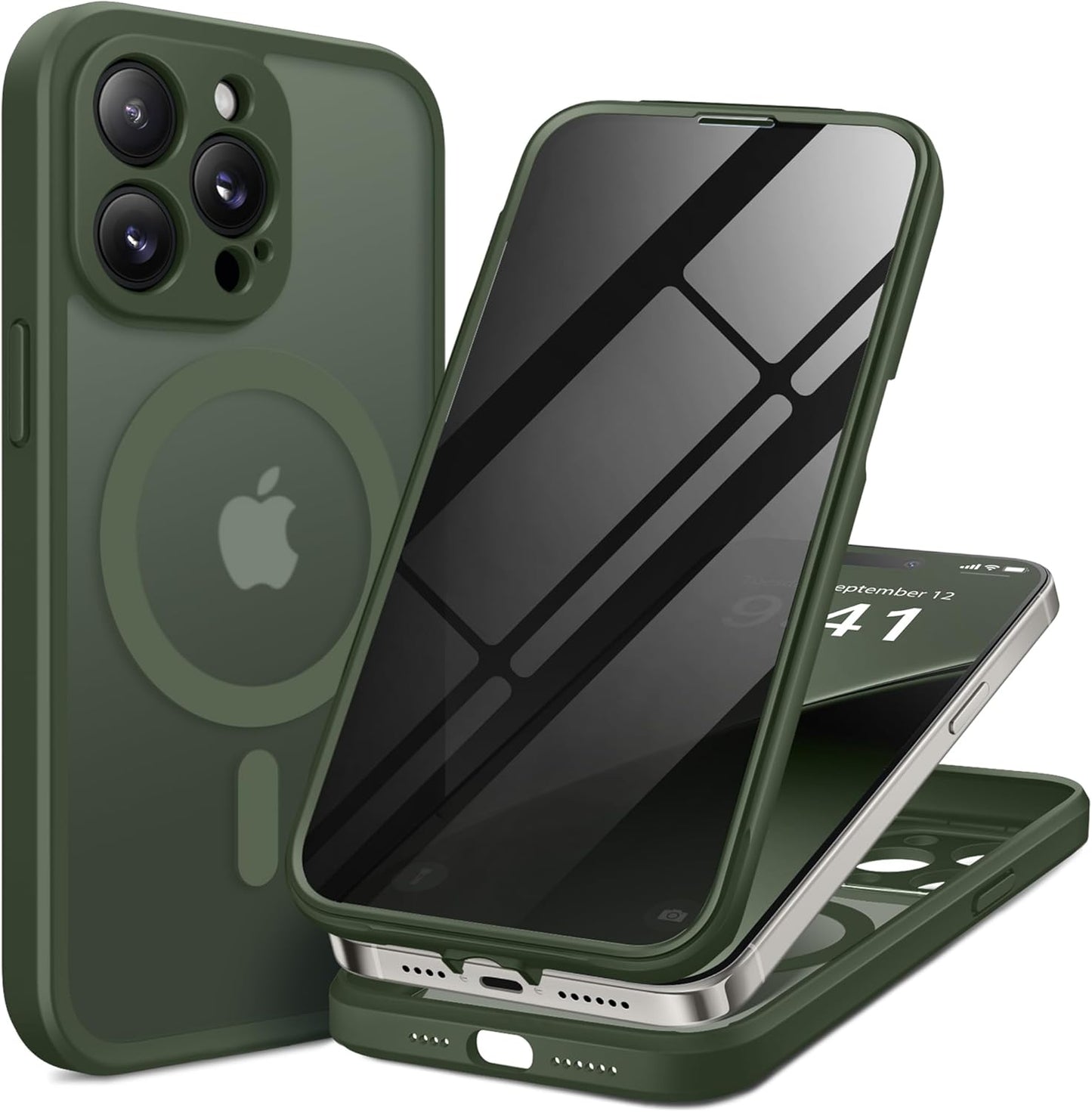 BERFY Magnetic for iPhone 14 Pro Max Case, Compatible with MagSafe, Built-in Privacy Screen Protector and Upgraded Camera Protection, Anti-Spy Full Body Shockproof Phone Case for 14 Pro Max 6.7",Green