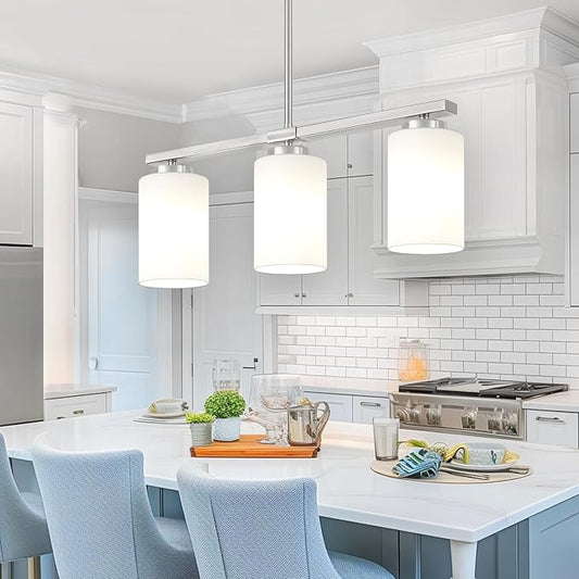 3-Light Kitchen Island Lighting, Brushed Nickel Dining Room Light Fixtures Over Table, Modern Farmhouse Chandeliers with Milky Glass Shade Pendant Light for Dining Room Kitchen Island