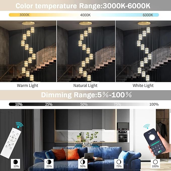 12-Lights Modern Crystal LED Dimmable for Staircase Foyer High Ceiling Chandeliers Hallway Gold
