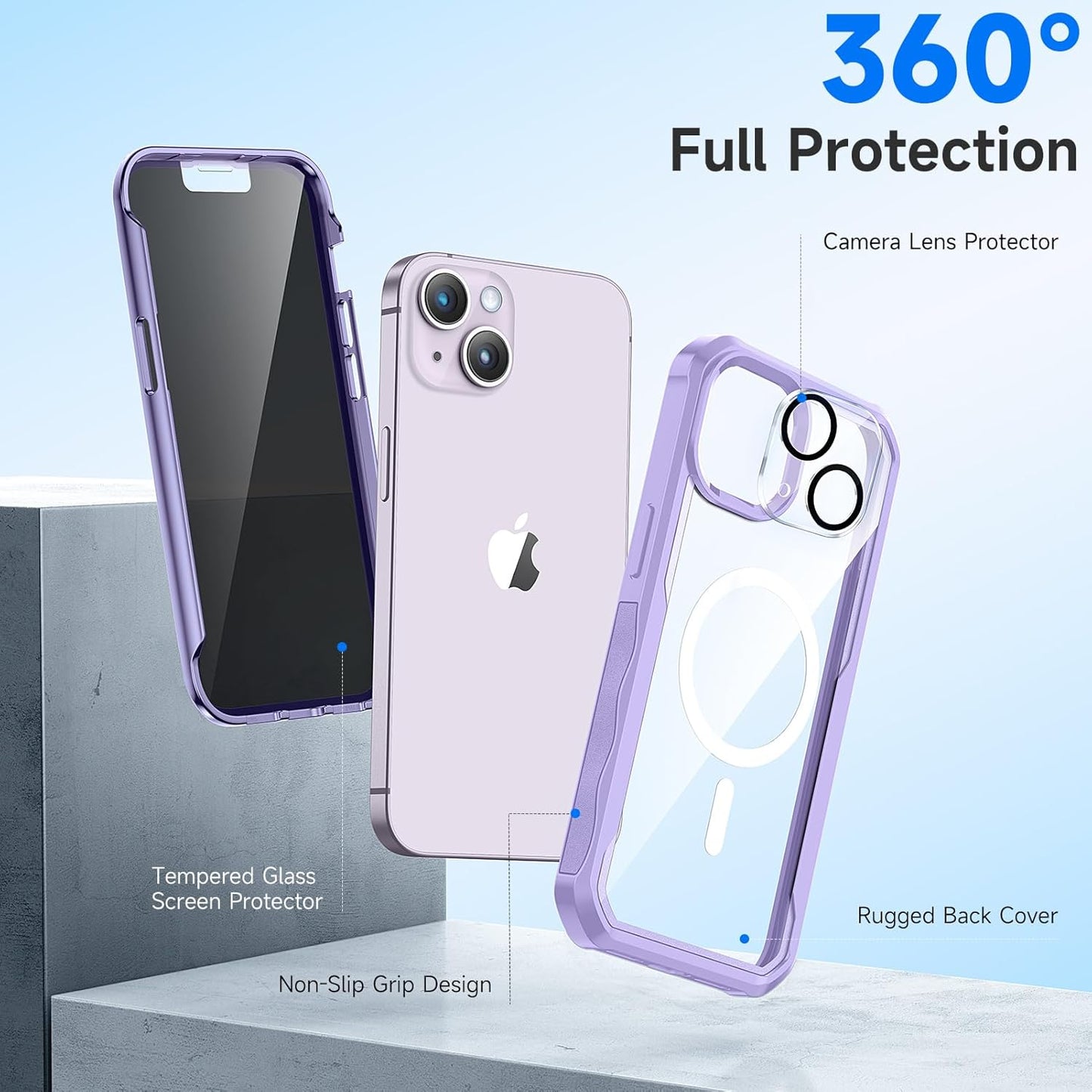 seacosmo for iPhone 14 Plus Case, Full Body Bumper with Built-in 9H Tempered Glass Privacy Screen and Camera Lens Protector, Compatible with MagSafe, Shockproof Phone Case, 6.7", Light Purple