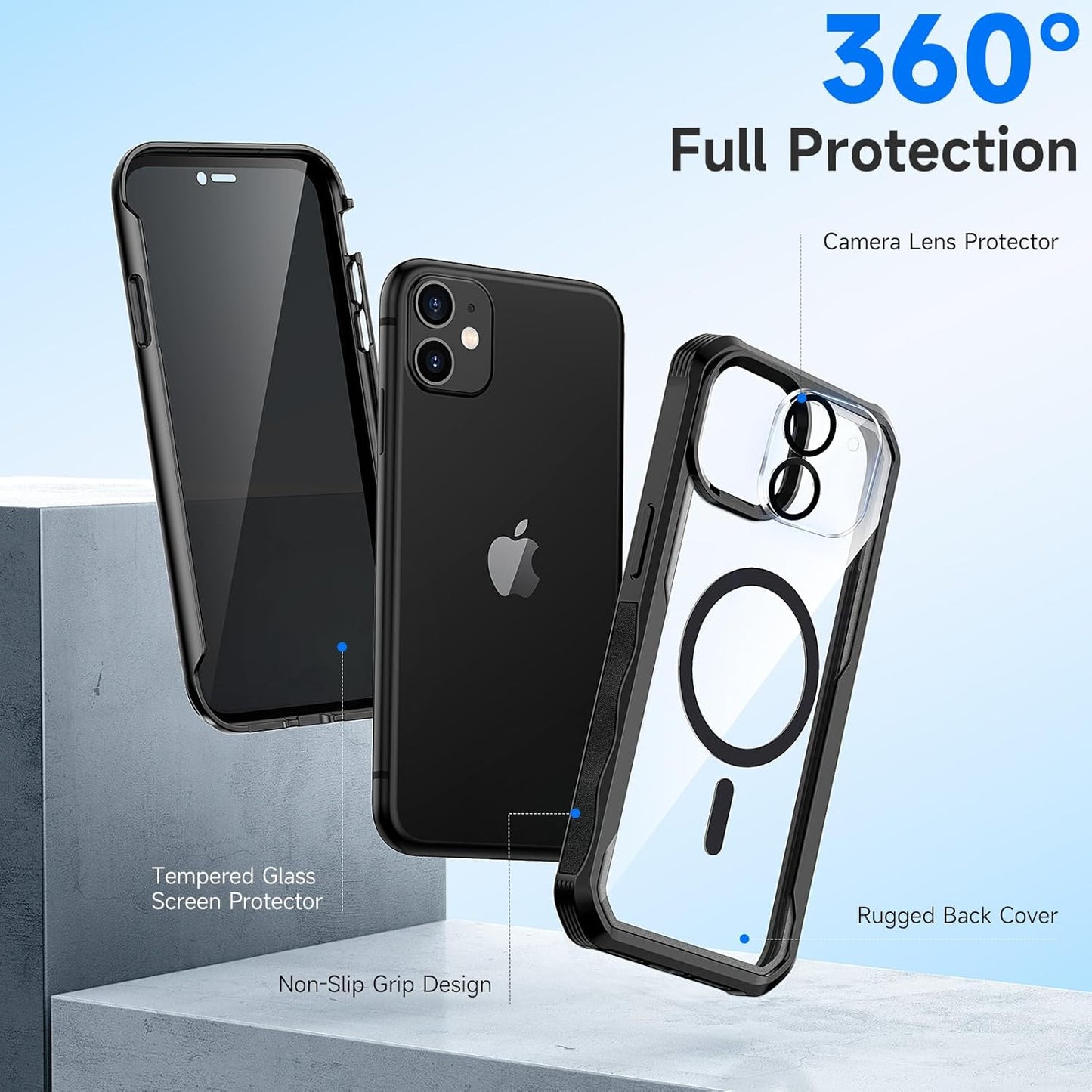seacosmo for iPhone 11 Case, Full Body Bumper with Built-in 9H Tempered Glass Privacy Screen Protector and Camera Lens Protector, Compatible with MagSafe, Shockproof 11 Phone Case, 6.1", Black