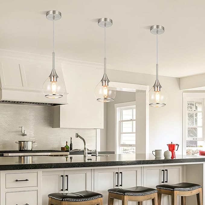 1-Piece Island Light for Kitchen, 1-Light Brushed Nickel Kitchen Island Hanging Pendant Light, Brushed Nickel Dining Room Light Fixture Over Table with Clear Round Glass Shade