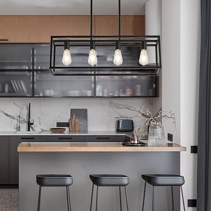 XILICON Contemporary Chandeliers Black 4 Light Modern Vintage Dining Room Lighting Fixtures Hanging, Kitchen Island Linear Pendant Lights Farmhouse Flush Mount Ceiling Light