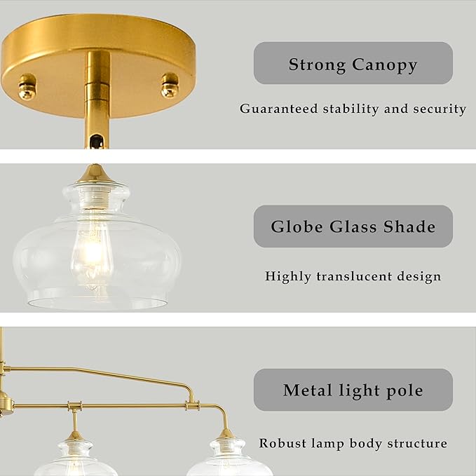 Industrial Modern 5 Light Chandelier Gold Rustic Linear Pendant Light Minimalist Country Luxury Chandeliers Adjustable Height with Glass Lampshade for Dining Room Island Living Room Foyer (5 Light)