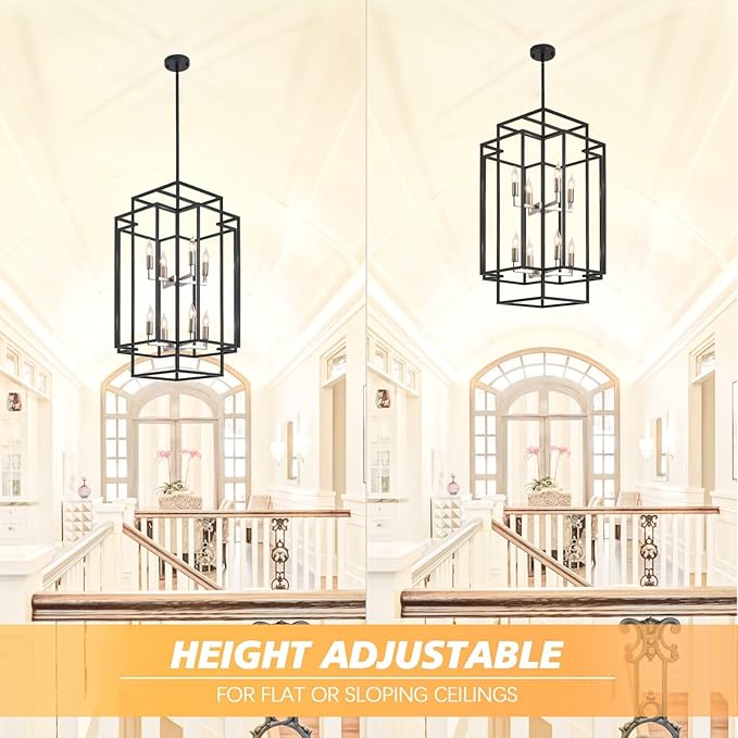 31.5" Farmhouse Chandelier, 8-Light Lantern Pendant Light Fixture, Modern Foyer Lighting Fixtures, Large Chandeliers for High Ceilings, Black and Brushed Nickel Pendant Lights for Staircase, Entryway