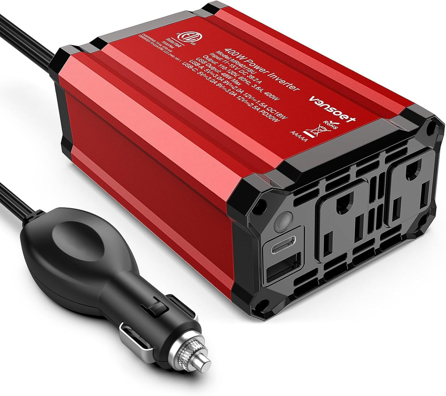 400W Car Power Inverter: vansoet DC 12V to AC 110V Inverter Converter, USB C PD 30W and USB-A QC 18W Port - Dual AC Plug Adapter Outlet Inverter for Vehicles, Laptop, Phones, Camera