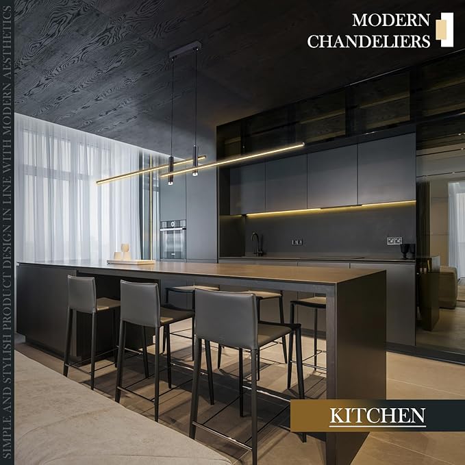 Modern LED Chandelier 59.1 Black Kitchen Island Pendant Light Fixtures Linear Pendant Lighting with Remote Dining Rooms Living Room Dimmable 3000K-6000K