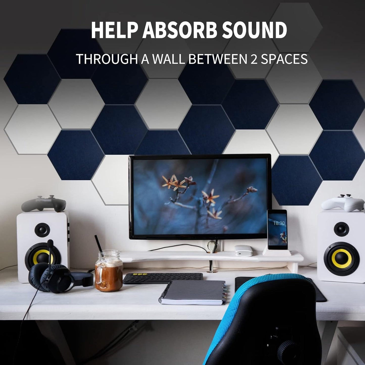 Mollywell Hexagon Acoustic Panels, High Density, Soundproofing, Decorative Noise Reduction Felt Wall Tiles for Ceilings, Home Office & Gaming Room (Afraica and Moon Gray), 14x12x0.4 Inch
