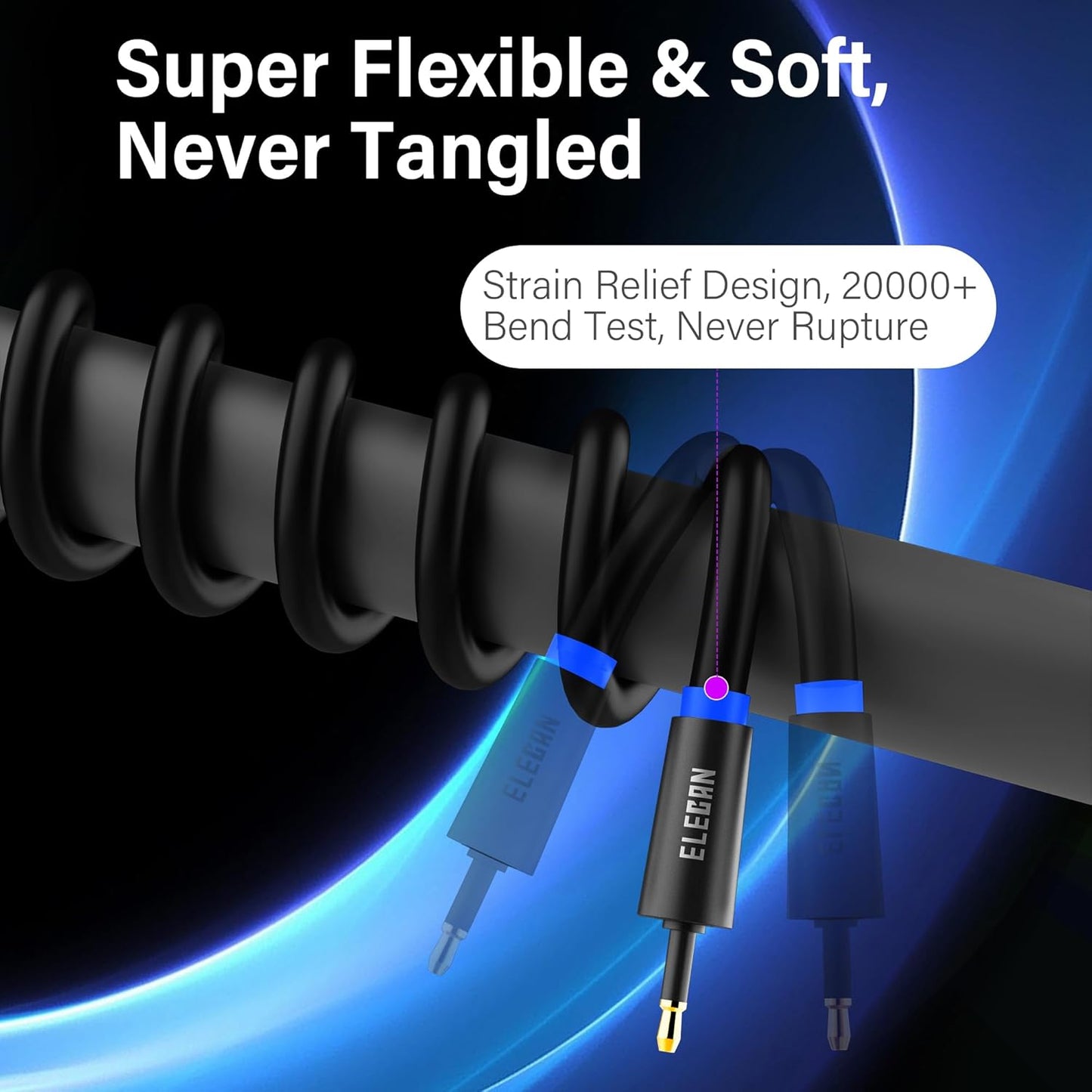 Elecan Mini Toslink to Toslink Digital Optical S/PDIF Audio Cable 25 Ft, Gold Plated Soft Flexible Fiber Optic Cable,Signal Protection PVC,Surround Sound for Soundbar,Home Theater,Hi-Fi System+Ties MI