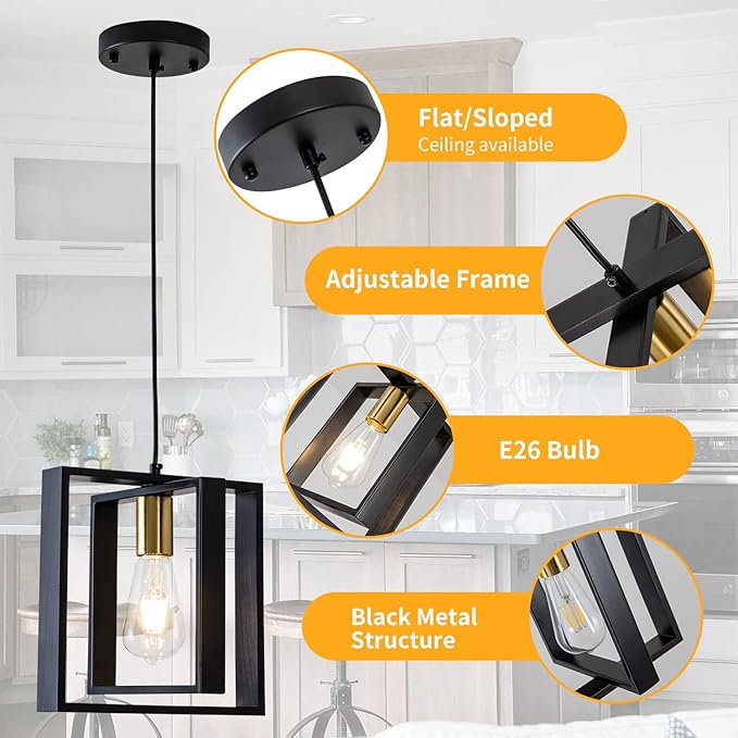 Black Farmhouse Pendant Light,1-Light Small Chandelier,Wood Dining Room Light Fixture with Adjustable Cord,Hanging Lights for Hallway, Kitchen Island, Foyer, Entryway
