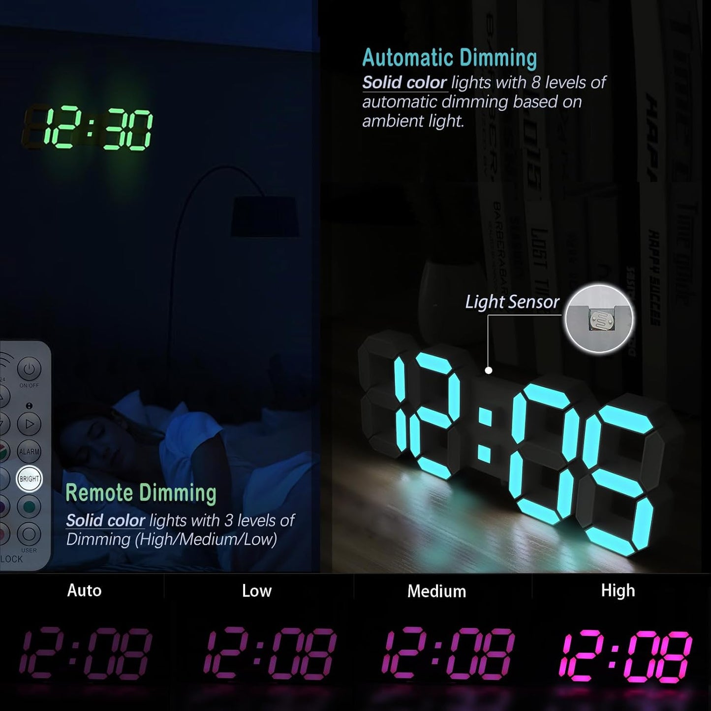 KOSUMOSU LED Wall Clock 15" RGB Digital LED Clock for Living Room Decor, Large Display Gaming Room Clocks, Dimming/12/24 Hr Time/Date/Temp/Remote (White Clock with Neon Light)