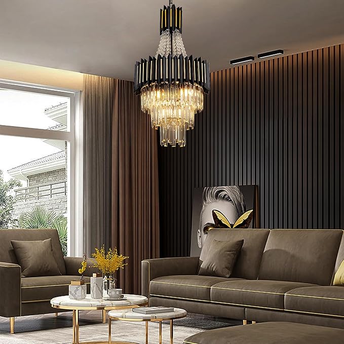 Crystal Chandelier Light 15.8" 7-Light K9 Crystal Pendant Lighting 3-Tier Black Gold Luxury Hanging Light Fixture for Dining Room Living Room Kitchen Bedroom Stairway