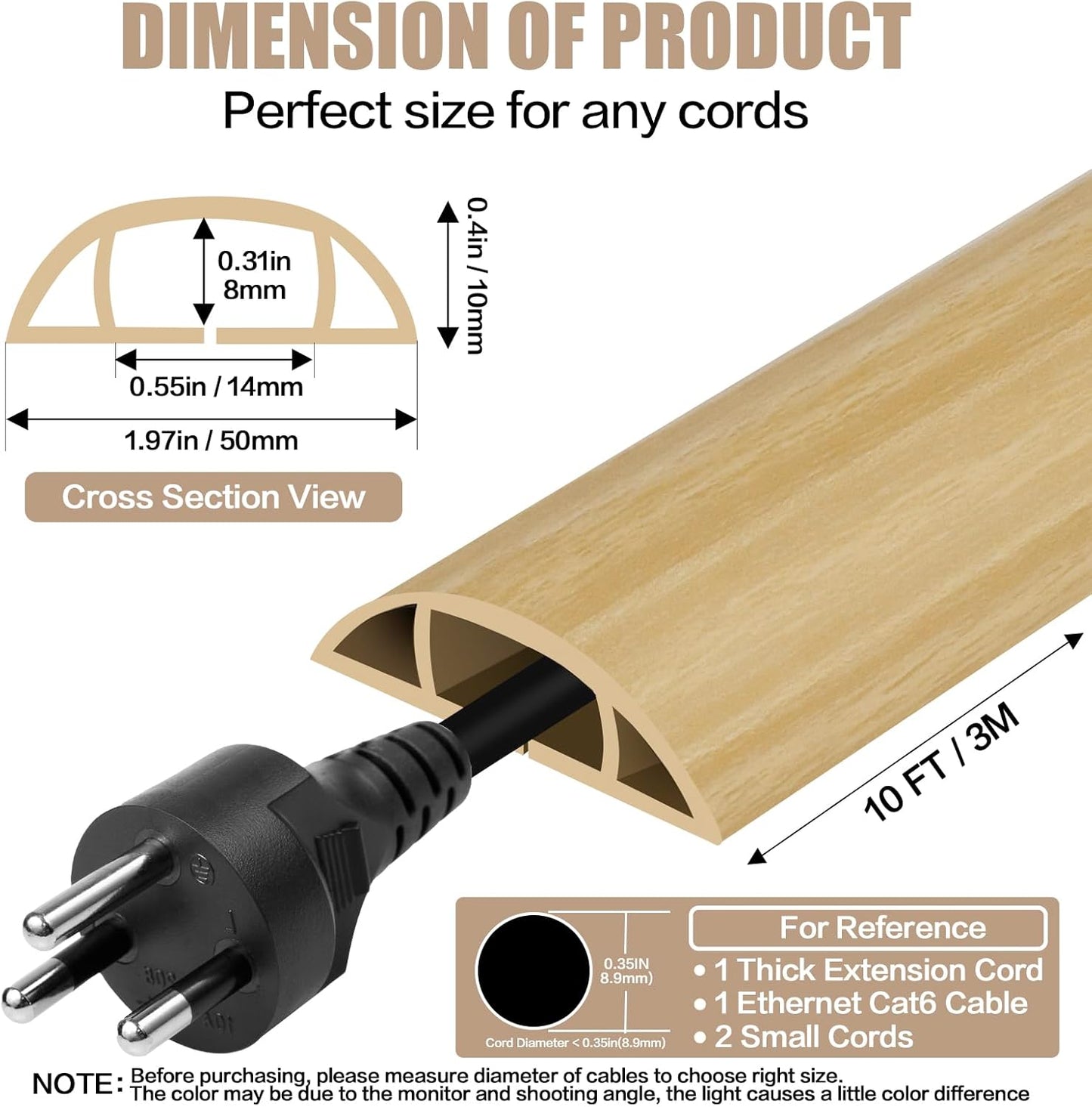 Floor Cord Cover Self Adhesive Cord Hider,10FT Cable Management, Extension Strip Protector for Wires, Prevent Cable Trips for Offices, Gyms, Exhibitions Cavity:0.47"(W) x0.35(H) WoodLightyellow